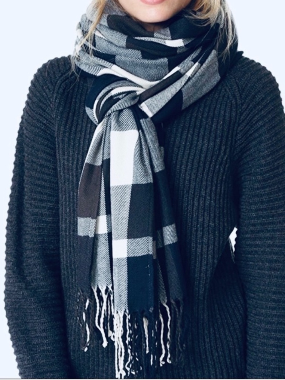 Plush Apparel Ultra Soft Plaid Scarf Large Navy Charcoal White Fringe